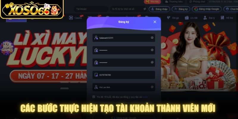 Các bước thực hiện tạo tài khoản thành viên mới tại XOSO66